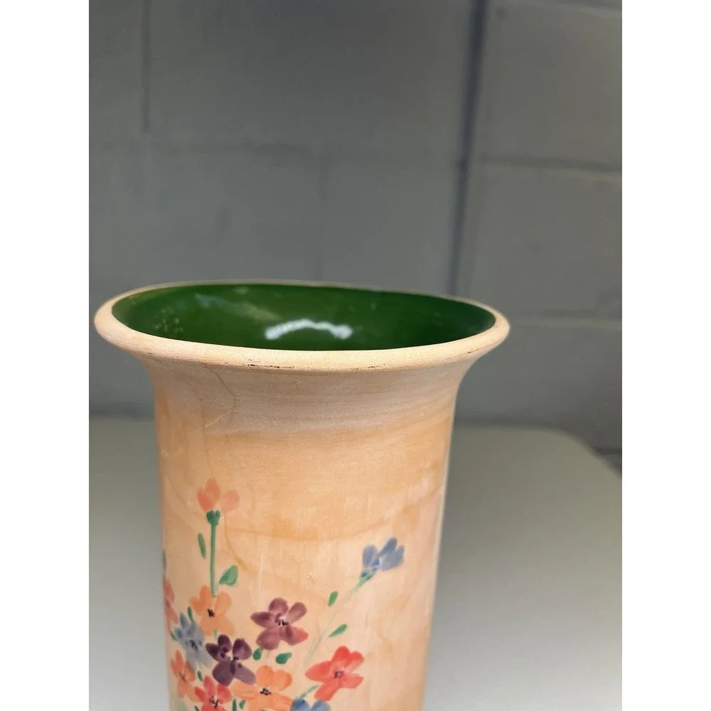 Rosenthal Netter Vintage Terracotta Flared‎ Vase Hand Painted Flowers Green